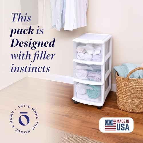 HOMZ Drawer Tower, 3-Tier Storage Cart with Removable Wheels, White Frame