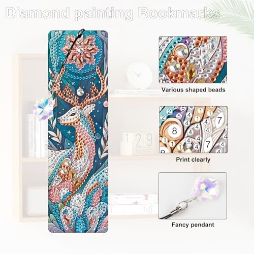 4 Pack DIY Diamond Painting Bookmarks, Special Shaped Deer Design Handmade Crystal Rhinestone Bookmark Kits with Tassel, Sparkling Art Bookmark for Reading Enthusiasts