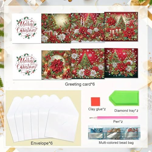 6Pcs Christmas Greeting Card DIY Diamond Art Painting Greeting Cards Blessing Folding Card Kit with White Envelopes Diamond Arts Crafts for Birthday Festival Gift-Poinsettia