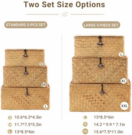Nonam Large Wicker Basket with Lid,Seagrass Shelf Basket Set of 3,Nautral