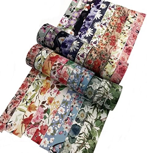 Floral Washi Tape Set 20 Rolls 15mm Wide Flower Decorative Paper Tapes for Scrapbooking, Journal, Planner, DIY Crafts, Gift Wrapping