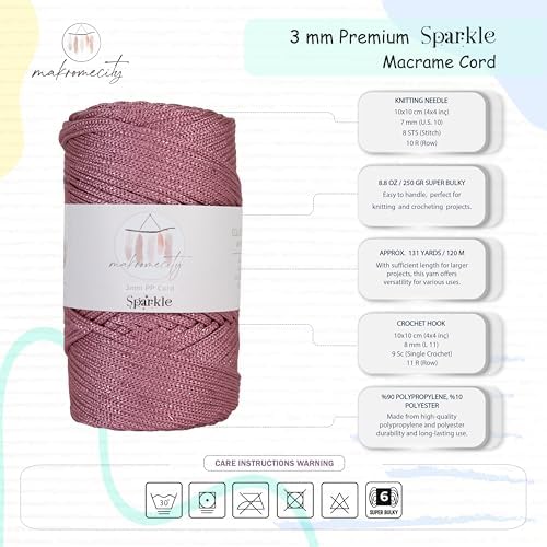 Makromecity Sparkle Polypropylene Macrame Cord 3mm x 131 Yards (394 feet) Premium Polyester Macrame Cord for Macrame Art & Crafts for Wall Hangings, Bags, Underplate, Rug