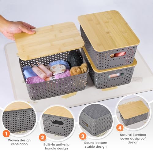 Ohmlove 6 Pack Plastic Storage Baskets with Bamboo Lids for Organization