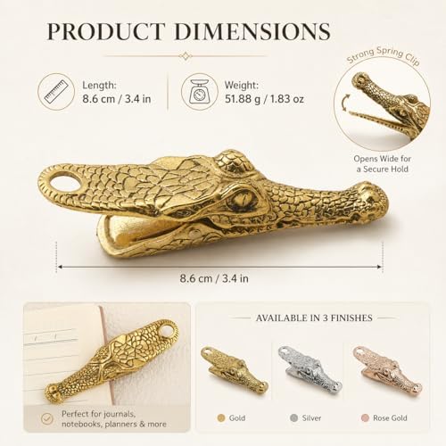 Vintage Crocodile Head Journal Clip - 3.4 Inch Heavy Duty Alligator Metal Book Clip Pin, Solid Decorative Bookmark Paper Organizer Notebook Holder Planner for Home Office Desk