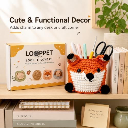 LOOPPET Crochet Kit for Beginners Adults - Cute Fox Pen Holder Desk Organizer, Beginner Friendly DIY Crochet Kit with Custom Easy Yarn, Video Tutorials & Step-by-Step Manual, Gift for Craft Lovers