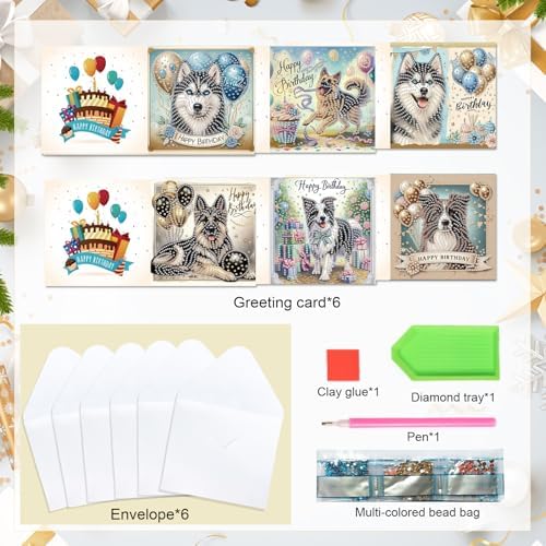 6 Packs Diamond Painting Greeting Card Kits Diamond Art Dog Laser Effect Greeting Cards Animal Special Shaped Diamond Art Greeting Card Arts Crafts for Christmas Birthday Thanksgiving Day(30x15cm)