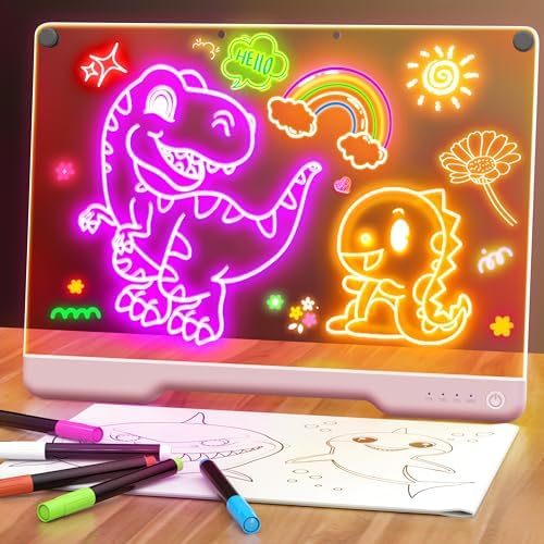 Geokay 16" Rechargeable LED Drawing Board, 9-Color Light Modes, Neon Art Dry Erase Light Up Doodle Glow Pad with Built-in Stand, Sketching Gift Toy for Kids/Girls/Teens, 7 Markers & Tracing Book