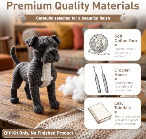 DIY Crochet Pitbull Dog Kit for Beginners – Amigurumi Staffordshire Bull Terrier Stuffed Animal Knitting Kit with Yarn, Hook & Instructions – Easy Beginner Crochet Animal Craft for Adults & Dog Lovers