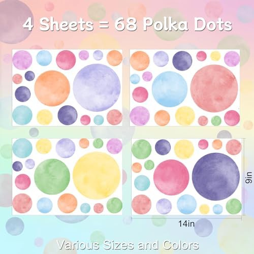AOWDIAO 68 Large Watercolor Polka Dot Wall Decals, Peel and Stick Vinyl Stickers for Girls Bedroom, Nursery, Playroom, Classroom Pastel Decor