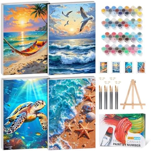 GEEHEIY 4 Pack Framed Paint by Numbers Kit for Adults, Beach, 8 x 12 Inch | DIY Acrylic Painting by Numbers for Beginners, with Wooden Easel, Coastal Wall Decor, Stress Relief Craft Gift