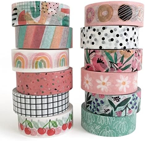 12 Rolls Washi Tape Set for Journaling, Scrapbooking & Decorative Crafts