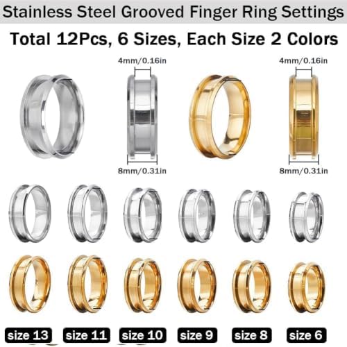 SUNNYCLUE 1 Box 12Pcs Stainless Steel Ring Blanks Settings US Size 7/8/9/10/11/12 Round Empty Inlay Grooved Finger Ring Base Blanks for Jewelry Making Kits Adult DIY Crafts