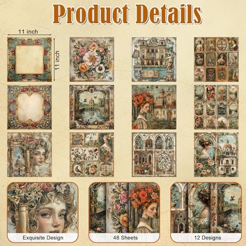 48 Sheets Vintage Baroque Scrapbook Paper,Vintage Pattern Decorative Scrapbook for Junk Journals DIY Cards and Photo Albums, Aesthetic Craft Supplies