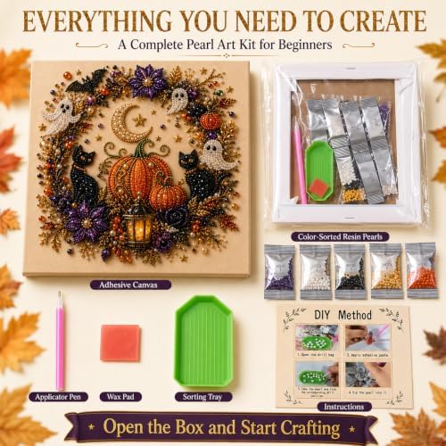 Halloween Pearl Art Kit for Adults 3D Diamond Painting DIY Craft Bead Mosaic with Ghost Pumpkin Witch Raven Skull Cow Design Options for Spooky Seasonal Home Decor and Creative Holiday Activity