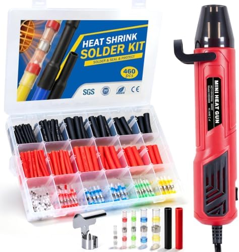 350W Mini Heat Gun Kit with 460pcs Solder Seal Wire Connectors & 3:1 Waterproof Heat Shrink Tubing 2-Temp Max 662°F Portable Hot Air Gun, Electrical Repair Tool Set for Automotive, Marine & DIY Crafts