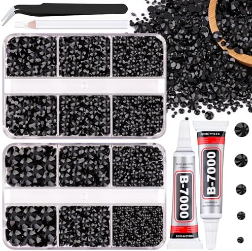 Resin Jelly Rhinestones for Crafting with B7000 Jewelry Glue, 2 Boxes Black Flatback Crystals with 2Pcs 10ml Glue, Bedazzling Non Hotfix Gems for DIY Tumblers Clothing Shoes Manicure