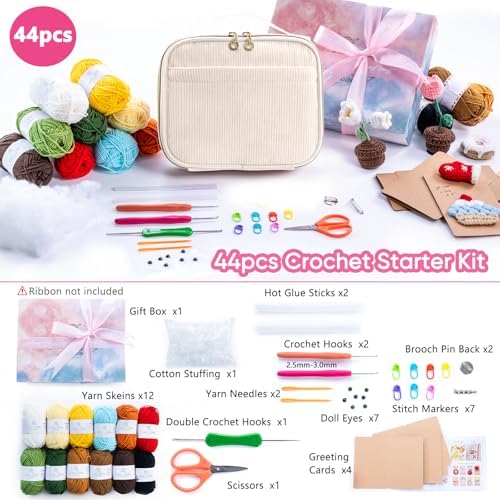 MYBAGZING Crochet Kit for Beginners, Complete Starter Set with Yarn, Ergonomic Crochet Hooks, Needles, Crochet Accessories and Suppliers for Crochet Beginner Projects, Knitting Kit for Adult