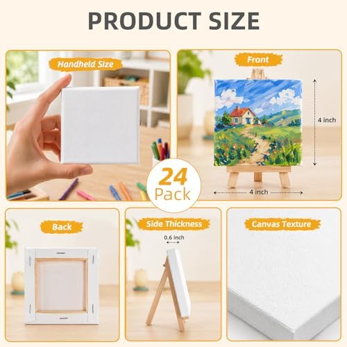 CONDA 24 Pack 4x4 Inch Mini Blank Canvas for Painting, 100% Cotton Stretched Canvas with Pinewood Frame, Acid-Free Primed Mini Square Canvas for Acrylic Oil Painting, Classroom Art & Party Decor