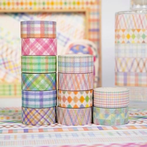 Basic Grid Washi Tape Set 12 Rolls Plaid Decorative Masking Tapes for Arts, DIY Crafts, Journals, Planners, Scrapbook, Wrapping (Colored)