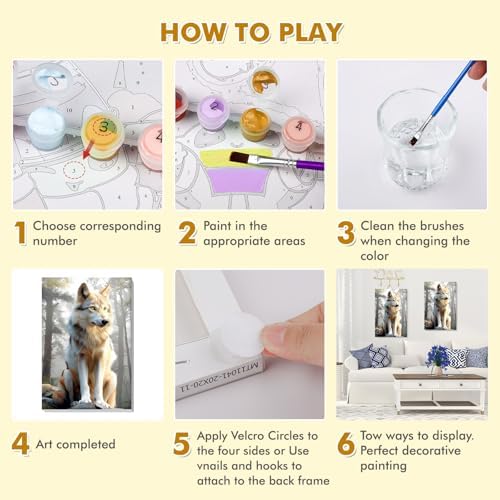 Bowetile Framed Wolf Paint by Numbers Kit for Adults, Adults' Paint-by-Number Kits on Canvas, Painting by Numbers Animal, Acrylic Animals Number Painting for Home Wall Decor, 8x12in
