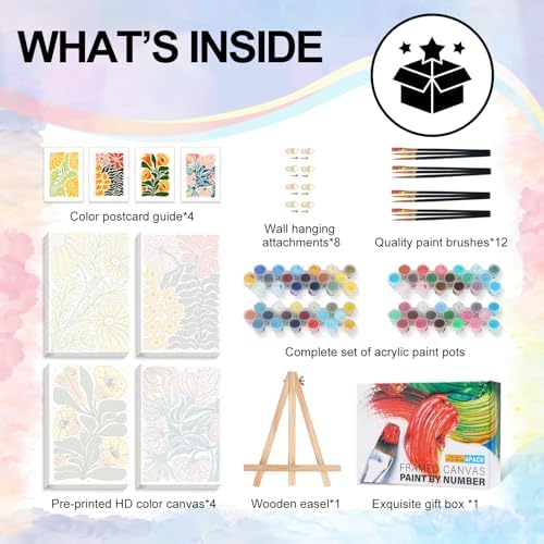 4 Pack Framed Paint by Numbers Kit for Adults with Wooden Easel, Flowers | With Frame, Easy Flower DIY Acrylic Painting, For Adults Beginner, Stress Relief Craft Kits, Home Wall Decor Gift, 8x12 IN