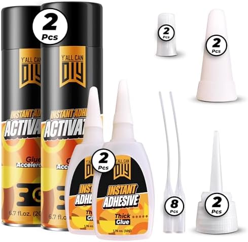 CA Glue with Activator (2 x 1.76 oz. + 2 x 6.76 fl oz.) - Industrial-Grade Cyanoacrylate Adhesive and Super Glue Accelerator for Woodworking, Crafts, DIY, and Repairs, Instant Glue Bond