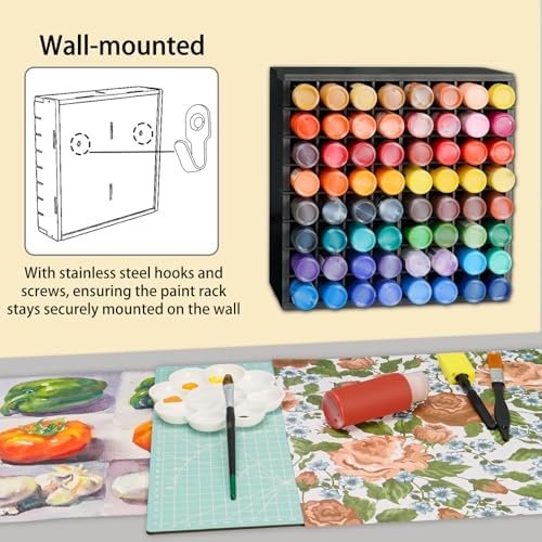 Krafetto 64-Grid Paint Organizer for 2 Oz Bottles, Wall Mount, Black