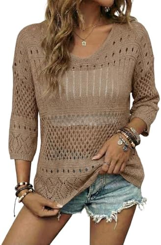 EVALESS Crochet Tops for Women Hollow Out Knit Sweaters