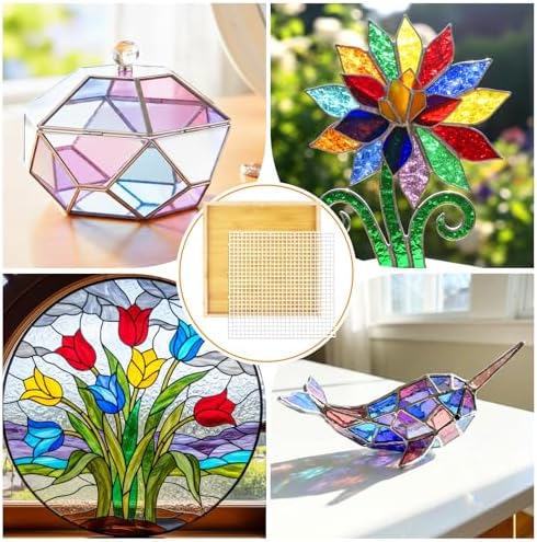 Verdanzia Stained Glass Cutting Mat, 12"X12" Waffle Grid Mat for Glass Cutting, Stained Glass Cutting Board with Tray & Craft Cutting Mat, Stained Glass Supplies for Scoring and Cutting Glass (Wood)