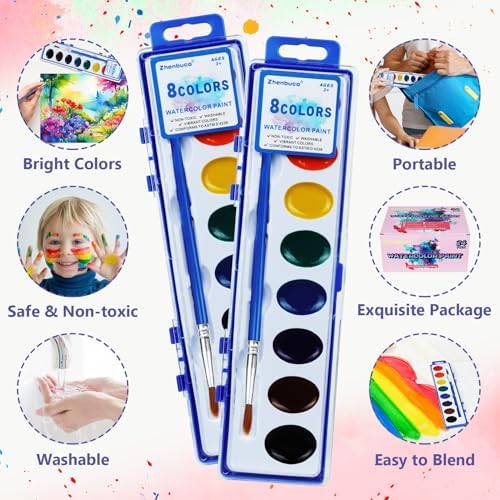 24 Pack Watercolor Paint Set - 8 Colors Quality Washable Water Color Paints Sets with Paint Brush, Kids Watercolor Paint Set for Coloring, Art, Classrooms, Party Favors and Easter Paint Supplies