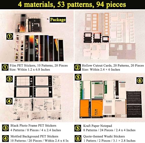 CraftBloom 94PCS Movie Film Scrapbook Paper for Journaling Supplies, Strip Photo Frame for Scrapbooking Kit, Waterproof PET Washi Quote Stickers for Bullet Junk Journal Collage Planner DIY Craft