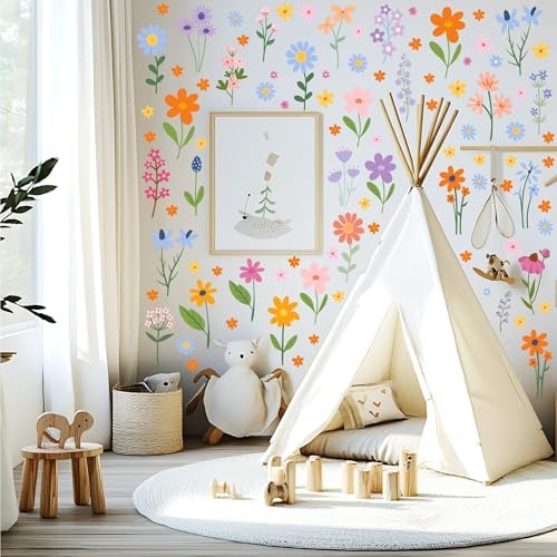 AOWDIAO Floral Wall Decals - 102 Pcs Peel and Stick Vinyl Flower Stickers - Assorted Varieties & Colors for Bedroom, Kids’ Rooms, Nursery, or Living Room Decor