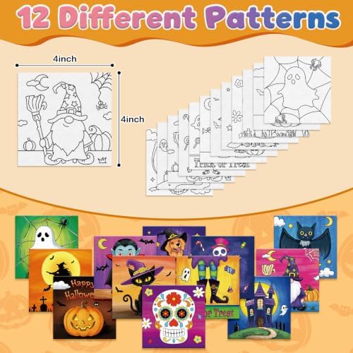 Anseal 12 Packs Pre Drawn Canvas to Paint, 4" X 4" Halloween Pre-Printed Paint Party for Painting, Pre Stretched Canvas Outline Painting Boards for Paint Lovers, Party Favor