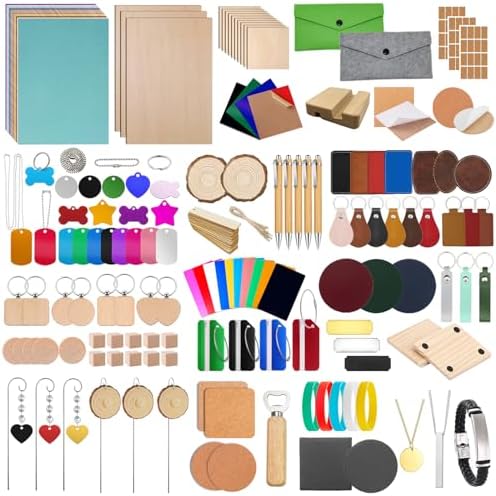 Leafcraft 218PCS Laser Engraving Material Explore Kit, 31 Kinds Laser Cutting Engraving Accessories Include Acrylic, Metal, Wood, Felt, PU Leather, Cork, Rock, Rubber for Engraver Machine DIY Crafting