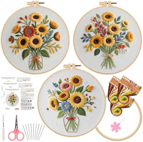 Herdiese Embroidery Kits for Beginners & Adults, 3 Sets Sunflower Patterns
