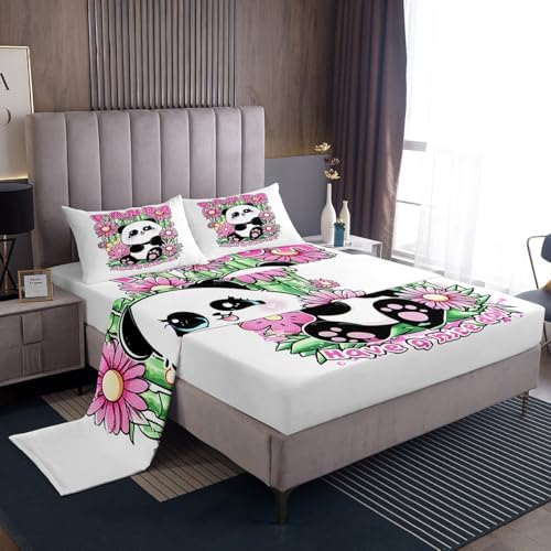 Manfei Cute Panda Flowers Sheet Set Lovable Animal Pink Theme Bedding Set Lively Green Leaves Bed Sheets Teens Room Decor White Pink (Queen Flat & Fitted Sheet with 2 Pillow Case)
