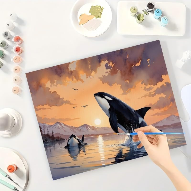 ENTORLAB Ocean Sunset Paint by Numbers Kit for Adults - DIY Orcas Leaping from Water Painting on Canvas 8X12IN Framed, Acrylic Paint Set, Suitable for Beginners, Art for Home Decoration or Gifts