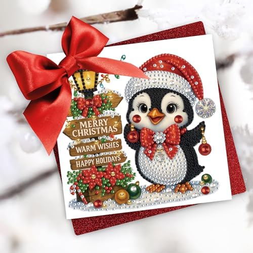 6Pcs Christmas Greeting Card DIY Diamond Art Painting Greeting Cards Blessing Folding Card Kit with White Envelopes Diamond Arts Crafts for Birthday Festival Gift-Penguin