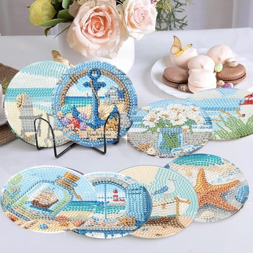 8 Pcs Beach Diamond Art Coasters Kits, Diamond Painting Coasters Kits ﻿ ﻿