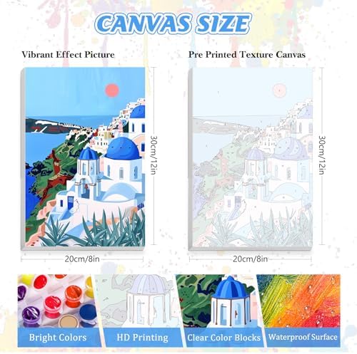 KEYIFA Paint by Numbers for Adults on Framed Canvas - with Wooden Easel, Santorini Painting by Number Kit for Beginners, DIY Greece Acrylic Paint-by-Number Kits for Home Wall Decor (8x12 inch)
