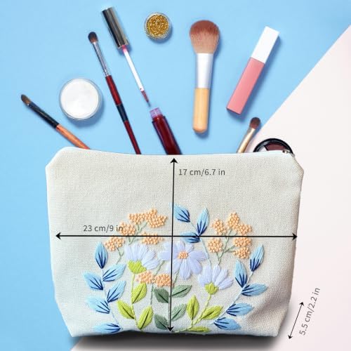 FONNUY Embroidery Kit Makeup Bag for Beginners, Flowers Pre-Stamped Pattern Handbag Coin Purses Making Kits for Adults with Hoop, Easy to Follow Color Thread Needlework (Daisy)