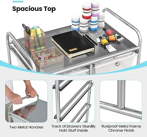 Giantex 10 Drawers Rolling Cart, Classroom Organizers, Storage Cart with Wheels, for Teacher Office Home School Supplies Tool Craft Art Paper, Clear White
