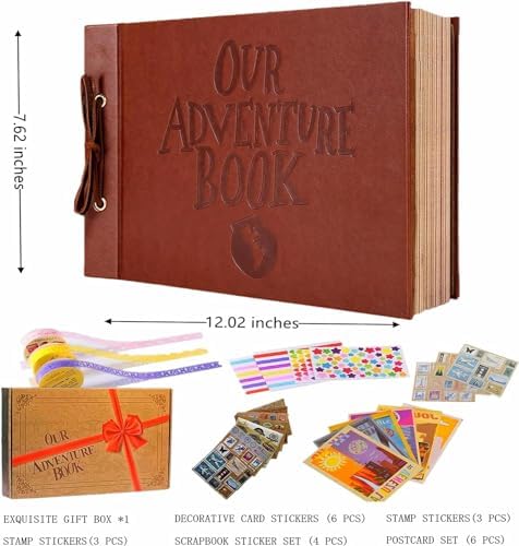 Adventure Book Handcrafted 11.92 x 7.62" Leather-Bound Scrapbook with 80 Pages, Embossed Lettering, Inspired by 'Up', Ideal for Photos, Weddings&Travel Memories Gift Box Included (Leather Scrapbook)