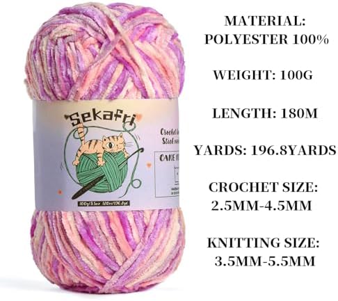 Fuzzy Chenille Yarn for Crocheting, Fluffy Amigurumi Crochet Yarn for DIY Craft/Hat/Shoes, (100g/197yds) Soft Velvet Baby Blanket Yarns（Pinkish Purple）