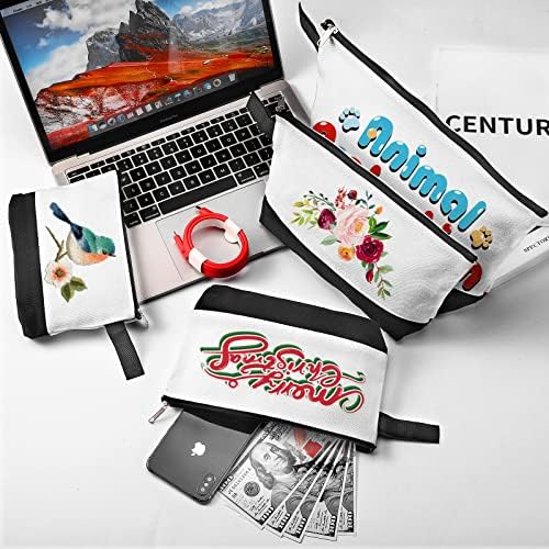 10 Pieces Cotton Canvas Makeup Bag with Bottom and Strap, Multi-Purpose Cosmetic Bag with Zipper Travel Toiletry Pouch, Blank DIY Craft Bag (White&Black, S)