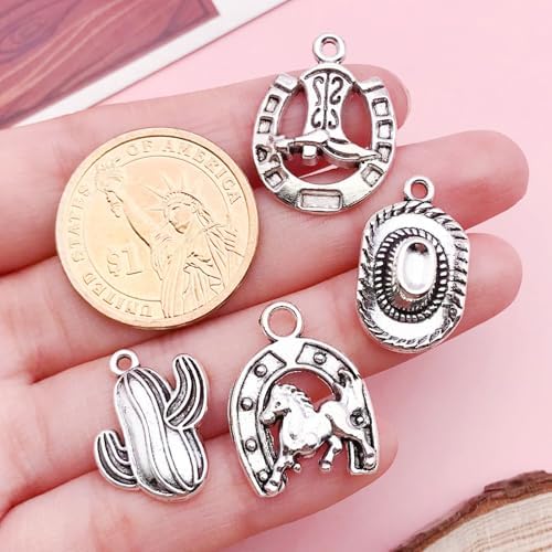 80pcs Western Cowboy Themed Charms Set - Zinc Alloy 3D Miniature Cowboy Hat, Horse, Boot Shoe Charms for DIY Jewelry Making, Keychain Crafts Accessory Tools -Durable, Versatile, and Perfect for Creative Projects (Antique Silver)