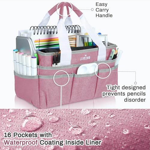 JJRING Craft Organizer Tote Bag Art Storage Caddy Pink | With Multiple Pockets For Sewing, Scrapbooking, School, Medical, And Office Supplies