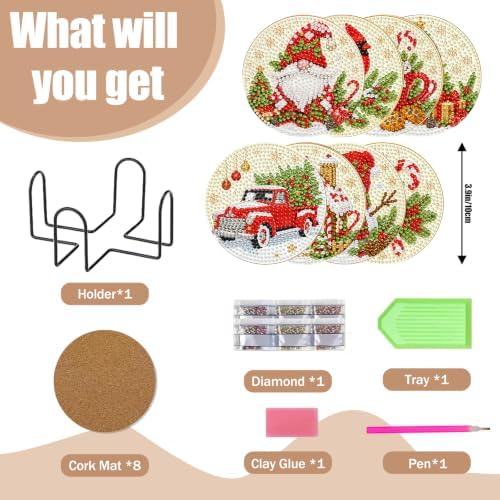 8 Pcs Christmas Diamond Art Coasters Kits, Diamond Painting Coasters