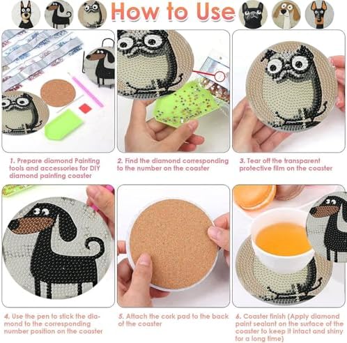 ijbnhd 6 Pcs Dog Diamond Painting Coasters Kits with Holder