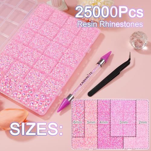 Canvalite 25000PCS Resin Jelly Rhinestones for Crafting, Pink AB Flatback Gems, Bedazzling Crystal with 5x2.5g B7000 Jewelry Glue and Tweezers Dotting Pen for DIY Crafts Clothing Shoes Nail Art